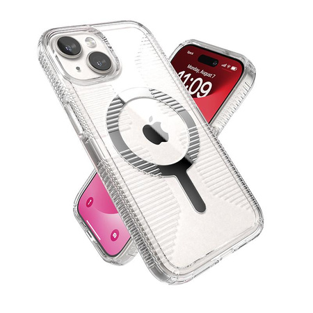 Speck Gemshell Grip + MagSafe - Coque pour iPhone 15 (Transparent / Finition chromée)