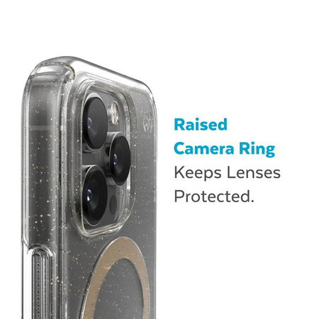 Speck Presidio Perfect-Clear avec paillettes + MagSafe - Coque pour iPhone 14 Pro avec revêtement MICROBAN (transparent / paillettes d'or)