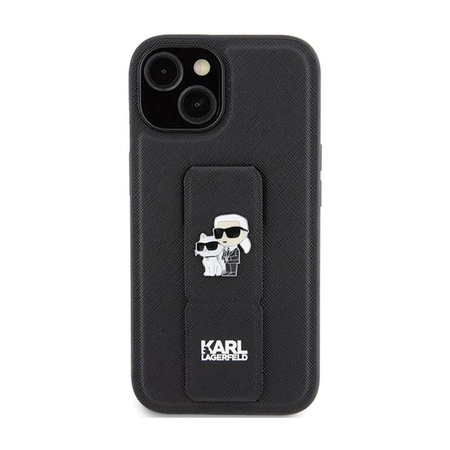 Karl Lagerfeld Gripstand Saffiano Karl & Choupette Pins - Coque iPhone 15 Plus (noir)