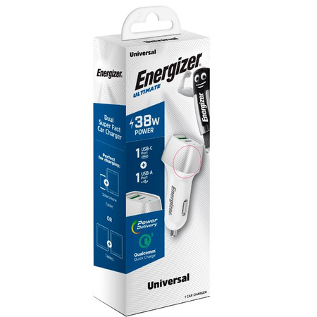 Energizer Ultimate - USB-C a USB-A 38W PD + QC3.0 nabíječka do auta (bílá / stříbrná)