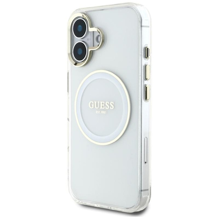 Guess IML Metallfarbener Kreis Klassisches Logo MagSafe - Hülle für iPhone 16 (weiß)