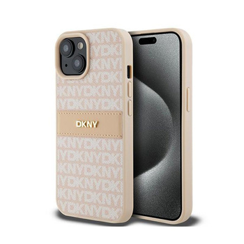 DKNY Bőr mono csíkos és fém logóval - iPhone 15 / 14 / 13 tok (rózsaszín)