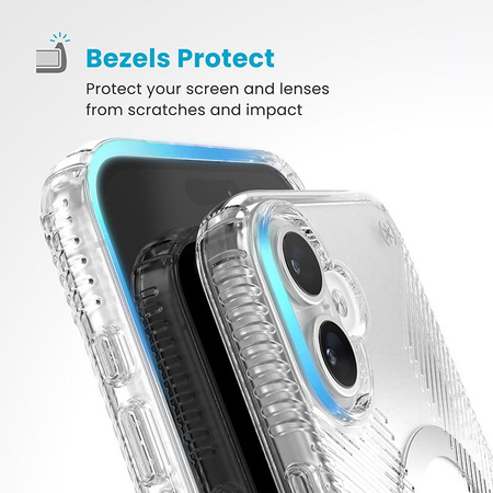 Speck Presidio Perfect-Clear Grip ClickLock & MagSafe - Coque pour iPhone 16 Plus (Transparente / Finition Chrome / Argent Serein)