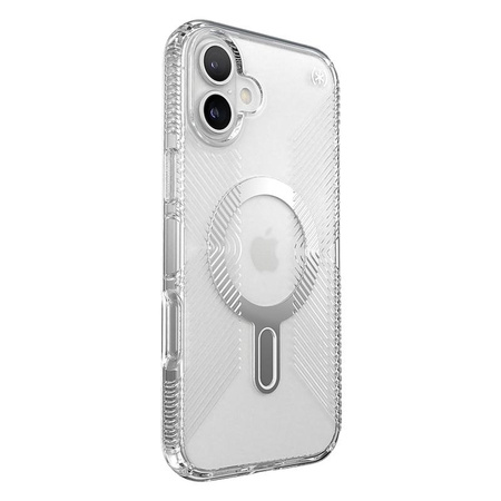 Speck Presidio Perfect-Clear Grip ClickLock & MagSafe - Coque pour iPhone 16 Plus (Transparente / Finition Chrome / Argent Serein)