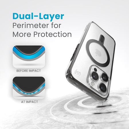 Speck Presidio Perfect-Clear ClickLock & Magsafe - Custodia per iPhone 15 Pro (Trasparente / Nero satinato / Grigio ardesia)