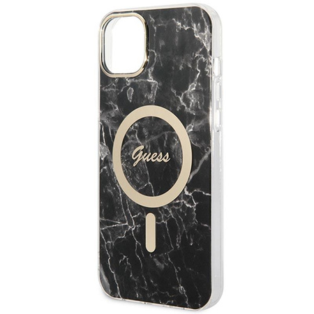 Guess Bundle Pack MagSafe IML Marble - MagSafe iPhone 14 Plus Tasche + Ladegerät-Set (schwarz/gold)