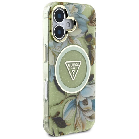 Guess Glitter Virágok háromszög gombok MagSafe - tok iPhone 16 zöld
