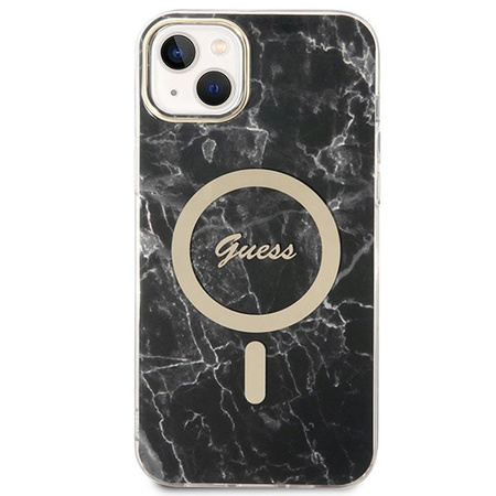 Guess Bundle Pack MagSafe IML Marble - MagSafe iPhone 14 Plus Tasche + Ladegerät-Set (schwarz/gold)