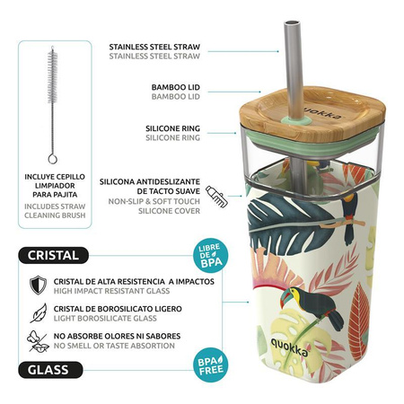 Quokka Liquid Cube - Mug en verre de 540 ml avec paille en acier inoxydable (Toucans)