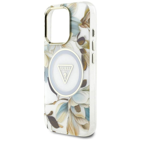 Guess Glitter Flowers Triangle Buttons MagSafe - Case for iPhone 16 Pro (white)
