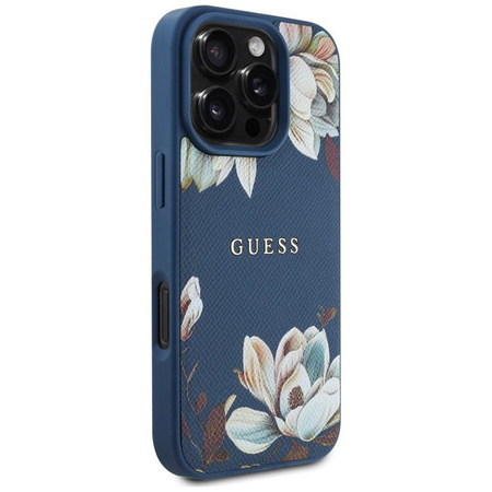 Guess Grained Printed Flower Pattern MagSafe - Hülle für iPhone 16 Pro Max (blau)