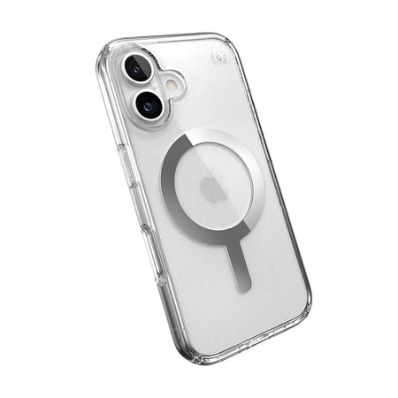 Speck Presidio Perfect-Clear MagSafe - iPhone 16 Case (Clair / Finition Chrome / Argent Serein)