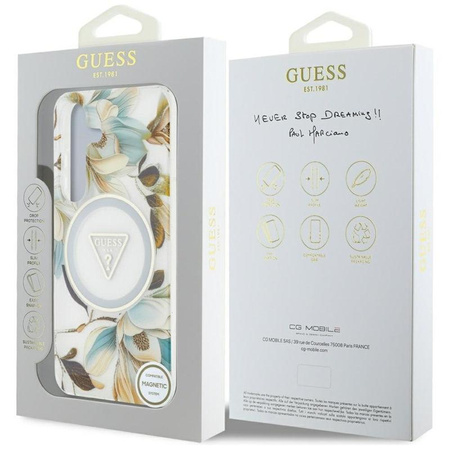 Guess Glitter Flowers Triangle Buttons MagSafe - Hülle für Samsung Galaxy S25 (weiß)