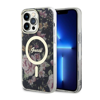 Guess Flower MagSafe - Coque pour iPhone 14 Pro Max (Noir)