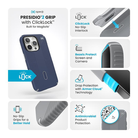 Speck Presidio2 Grip ClickLock & MagSafe - Pouzdro iPhone 16 Pro (Coastal Blue / Dust Grey / White)