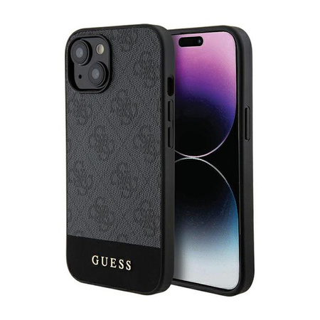 Guess 4G Bottom Stripe Metal Logo Collection - Coque pour iPhone 15 (gris)