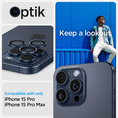 Spigen Optik.TR EZ Fit kamera objektívvédő - Objektívvédő üveg iPhone 15 Pro / 15 Pro Max / iPhone 14 Pro / 14 Pro Max készülékhez (2 db) (kék titán)