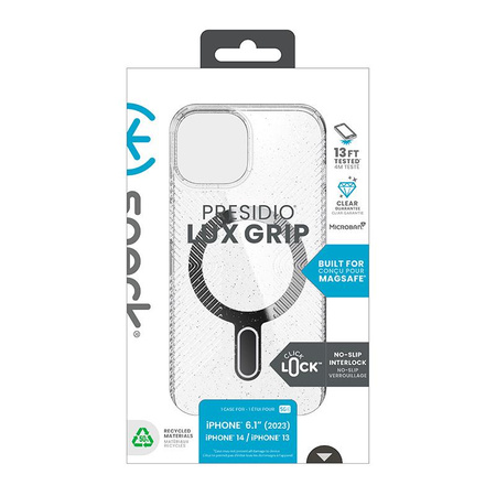 Speck Presidio Lux Grip ClickLock & MagSafe - Case iPhone 16e / iPhone 15 / iPhone 14 / iPhone 13 (Clear / Platinium Glitter / Chrome Finish / Serene Silver)