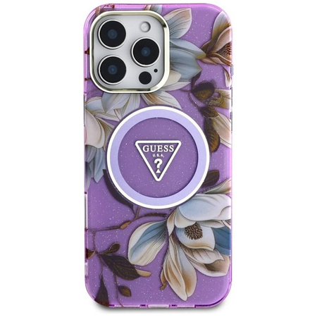 Guess Glitter Flowers Triangle Buttons MagSafe - Hülle für iPhone 16 Pro Max (lila)