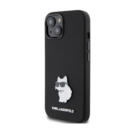 Karl Lagerfeld szilikon Choupette fém kitűző - iPhone 15 tok (fekete)