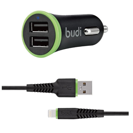 Budi - Autoladegerät 2x USB, 17W + Lightning Kabel (Schwarz)