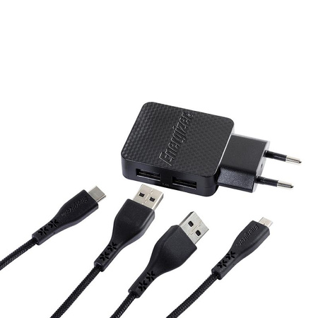 Energizer HardCase - Kompakt hálózati töltő 2x USB-A + USB-C és Micro USB kábel (fekete) élettartam garancia