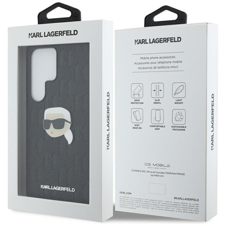 Karl Lagerfeld Leather Monogram Pin Logo Karl Head - Étui Samsung Galaxy S25 Ultra (noir)
