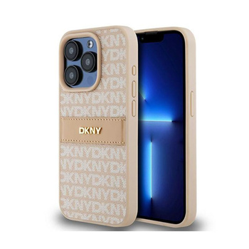 DKNY Bőr mono csíkos és fém logóval - iPhone 15 Pro tok (rózsaszín)
