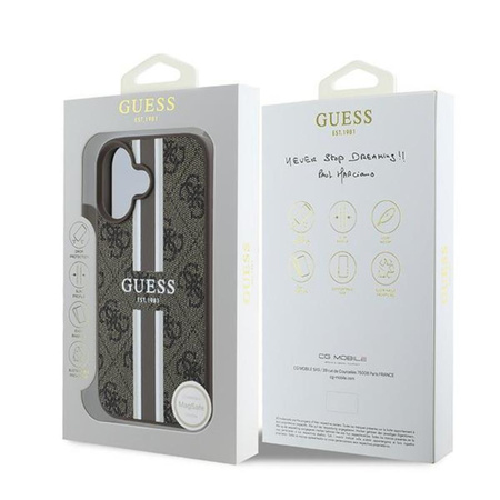 Guess 4G Étui MagSafe à rayures imprimées pour iPhone 16 Plus (marron)