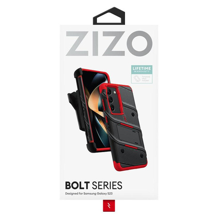 ZIZO BOLT sorozat - Samsung Galaxy S23 páncélozott tok 9H üveggel a képernyőhöz + tartó állvánnyal (fekete / piros)