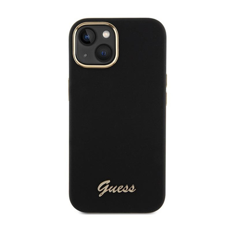 Guess Silikon Script Metall Logo & Rahmen - iPhone 15 Hülle (schwarz)