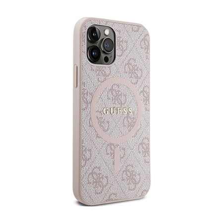 Kožené pouzdro Guess 4G Collection Metal Logo MagSafe - iPhone 12 / iPhone 12 Pro (růžové)
