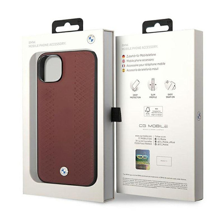 Kožené pouzdro BMW s diamantovým vzorem - iPhone 14 (vínové)