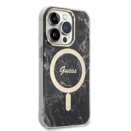 Guess Bundle Pack MagSafe IML Marble - MagSafe iPhone 14 Pro Max case + charger set (black/gold)