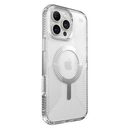 Speck Presidio Perfect-Clear Grip MagSafe - iPhone 16 Pro Max Fall (Clear / Chrom-Finish / Serene Silber)