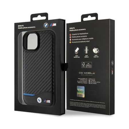 BMW Leder Carbon Blue Line - iPhone 15 Tasche (schwarz)