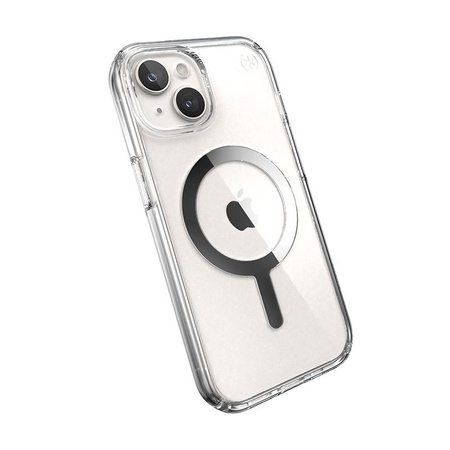 Speck Presidio Perfect-Clear MagSafe - iPhone 15 Case (Clair / Finition Chrome / Argent Serein)