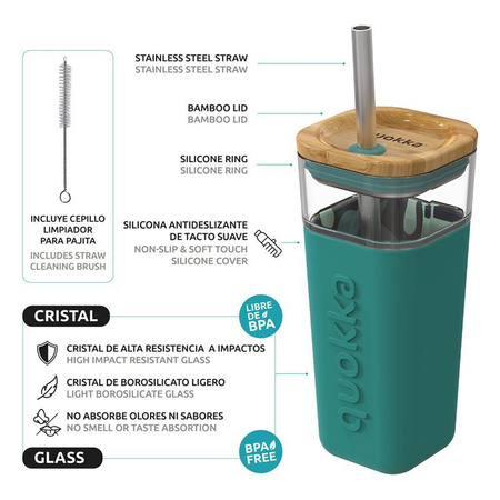 Quokka Liquid Cube - Mug en verre 540 ml avec paille en acier inoxydable (Inner Tropical Flow)