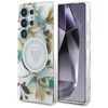 Guess Glitter Flowers Triangle Buttons MagSafe - étui pour Samsung Galaxy S25 Ultra (blanc)