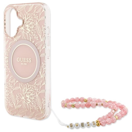 Guess IML Flowers Allover Electro With Pearl Strap MagSafe - pouzdro pro iPhone 16 Plus (růžové)