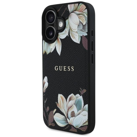 Guess MagSafe - Tasche mit genarbtem Blumenmuster für iPhone 16 (schwarz)
