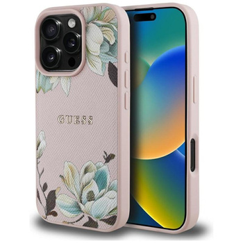 Guess MagSafe - pouzdro s potiskem květin pro iPhone 16 Pro Max (růžové)