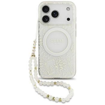 Guess IML Flowers Electro Pearl Strap MagSafe - Pouzdro iPhone 17 Pro (bílý)
