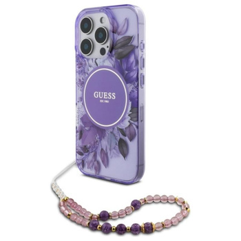 Guess IML Flowers With Pearl Strap MagSafe - Hülle iPhone 16 Pro Max (Violett)