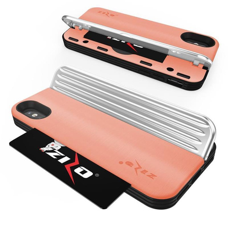 Zizo Retro Series - Etui iPhone Xs / X z kieszenią na karty + podstawka + szkło 9H na ekran (Peach/Silver)