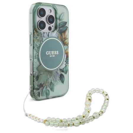 Guess IML Flowers With Pearl Strap Étui MagSafe pour iPhone 16 Pro Max (vert)