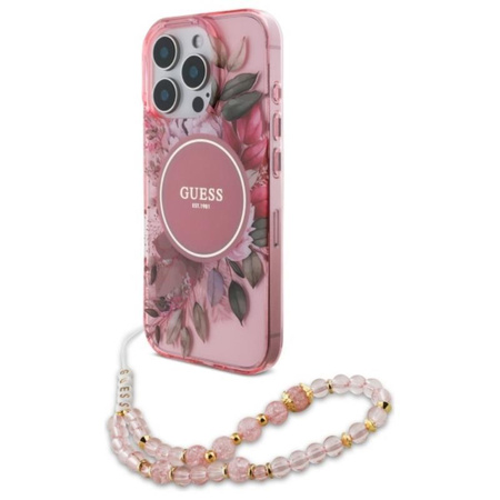 Guess IML Flowers With Pearl Strap MagSafe - pouzdro pro iPhone 16 Pro Max (růžové)