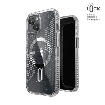 Speck Presidio Lux Grip ClickLock & Magsafe - pouzdro pro iPhone 16e / iPhone 15 / iPhone 14 / iPhone 13 (Clear / Platinum Glitter / Chrome Finish / Serene Silv