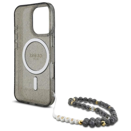 Guess IML Glitter With Pearl Strap MagSafe - iPhone 16 Pro Tasche (schwarz)