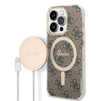 Guess Bundle Pack MagSafe 4G - MagSafe iPhone 14 Pro tok + töltő készlet (barna/arany)